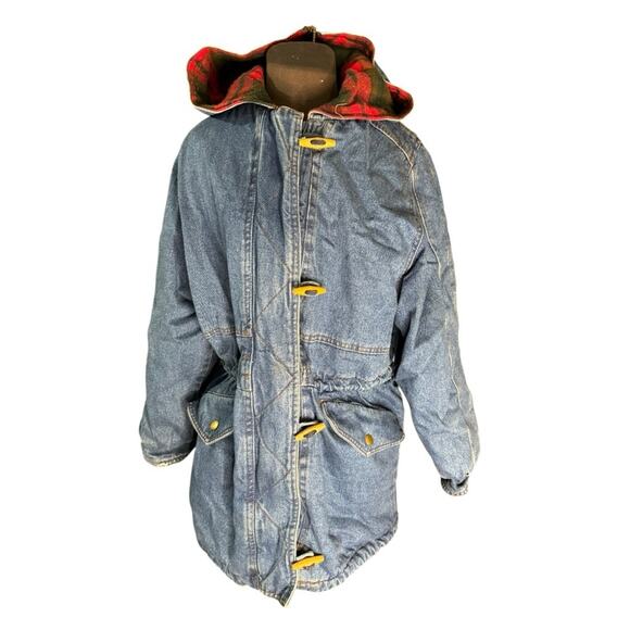 Vintage America Jackets & Blazers - Vtg 80s Denim Coat Plaid Lined Hooded Toggle Closure Workwear Heritage Jacket M